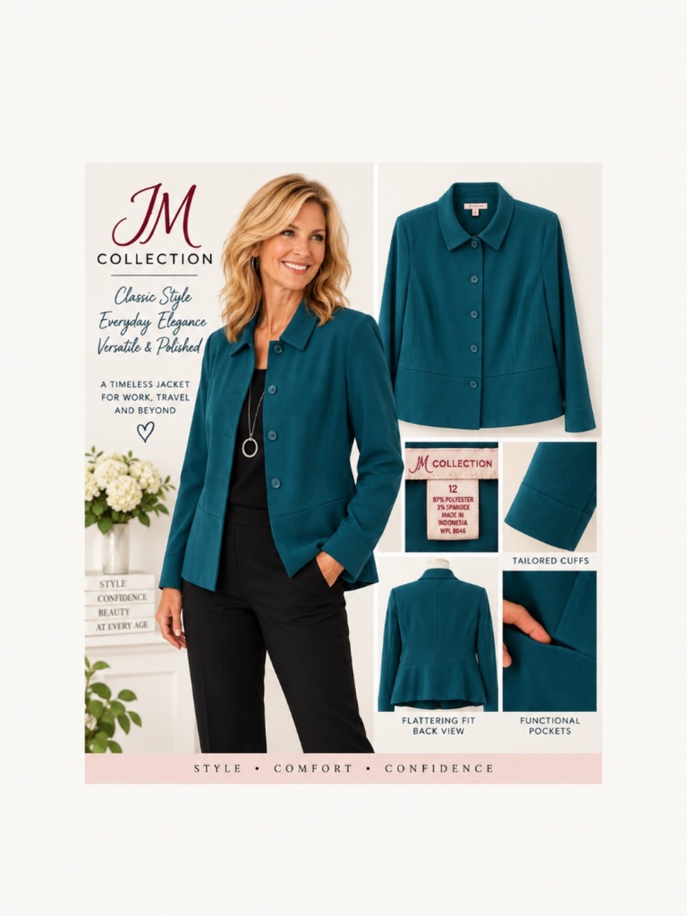 JM Collection Teal Stretch Button Front Jacket Blazer Size 12